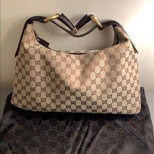 Signature Horsebit Beige Canvas Hobo Bag (Medium)